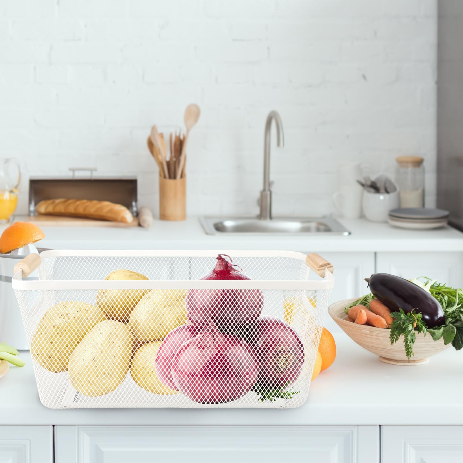 2 Set White Metal Mesh Potato Onion Storage Bins Wooden Handle Fruit Pantry