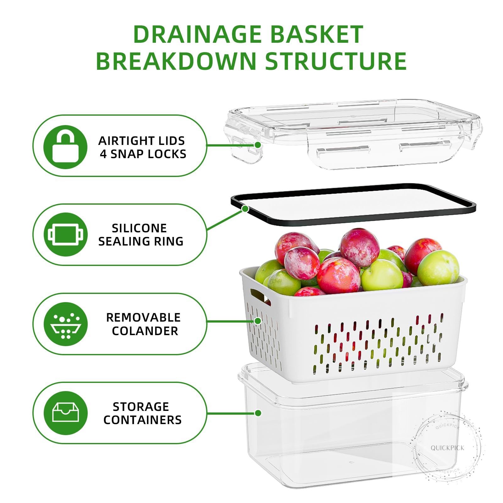 5 Pack Fruit Storage Containers for Fridge with Removable Colanders Food Storage