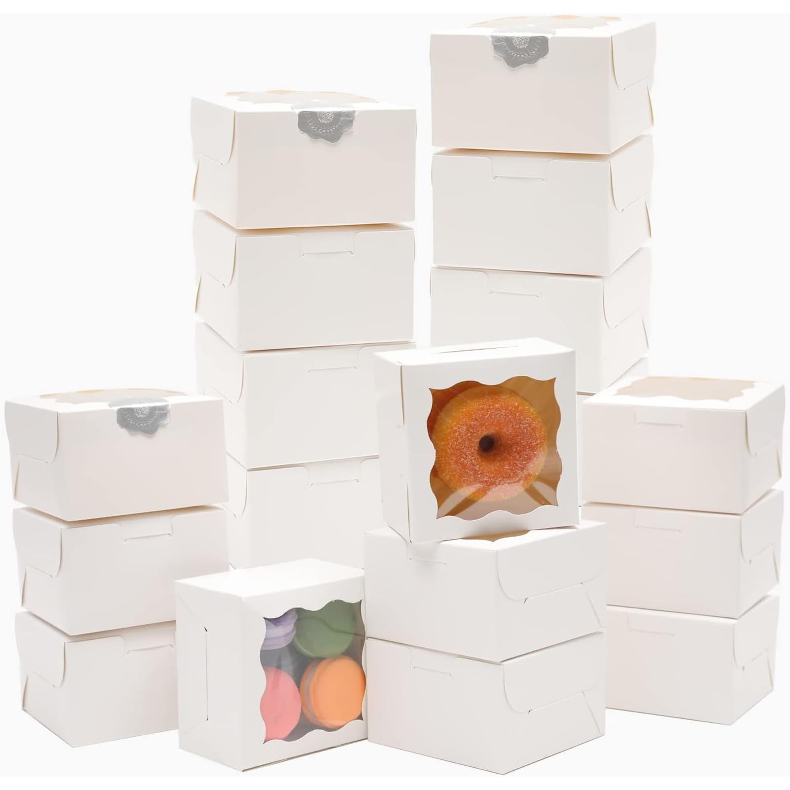 100 PCS White Bakery Boxes Window 4x4x2.5 Inch Small Pastry Mini Cookie