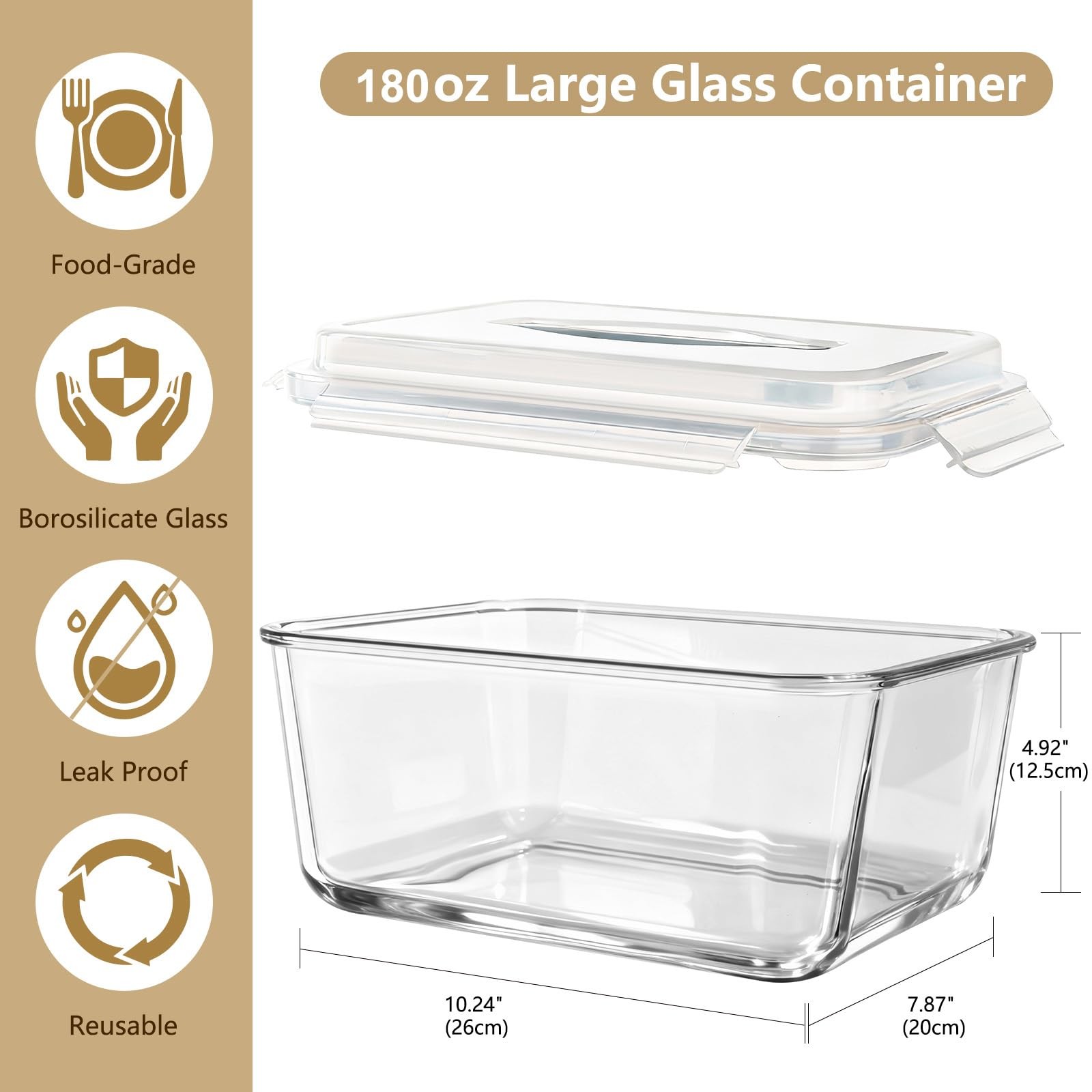 5.4L/ 180oz/ 22cup Extra Large Glass Food Storage Container with Airtight Lid…