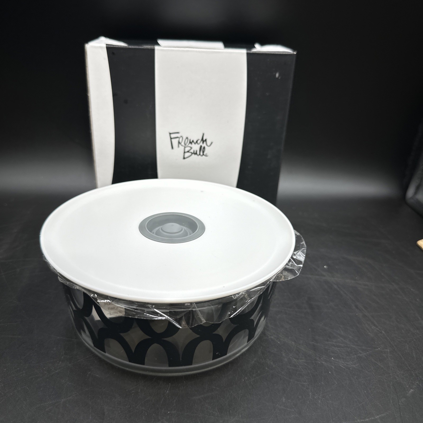 French Bull Container with Lid Black and White Glass Food Storage Container