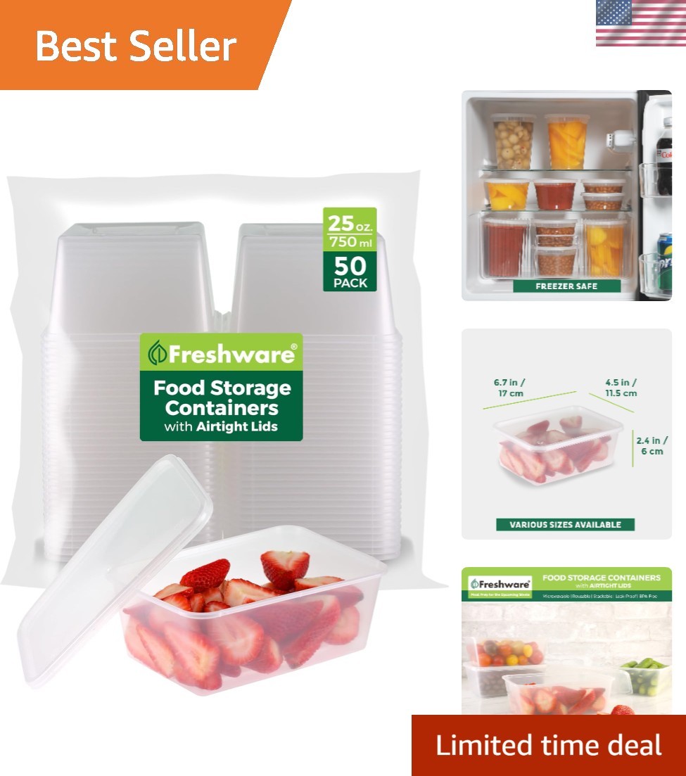 Airtight 25 oz Plastic Deli Containers – 50 Set, Microwave & Freezer Safe
