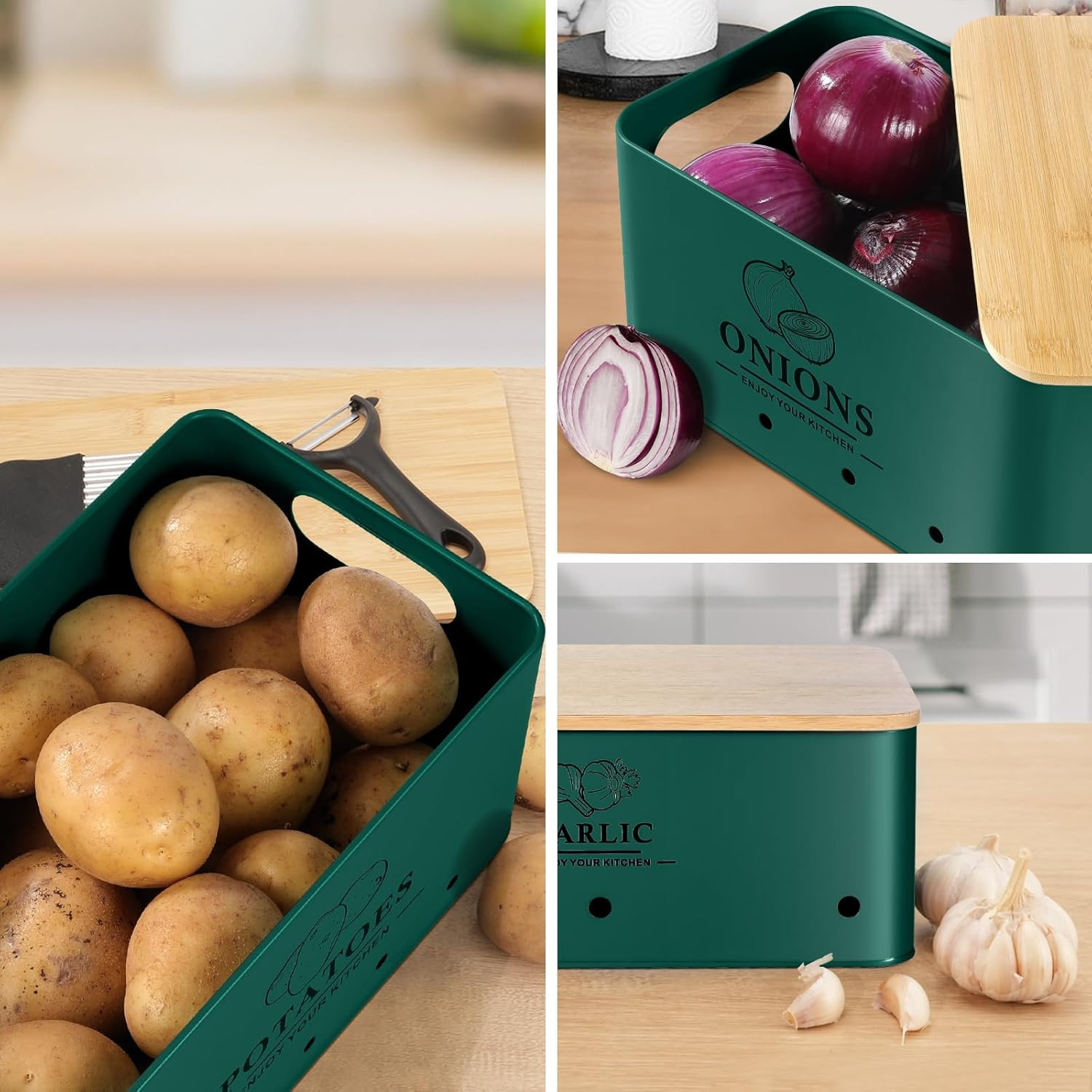 Kitchen Vegetable Storage Set of 3, Metal Onion Garlic Potato Storage Set, Kitch