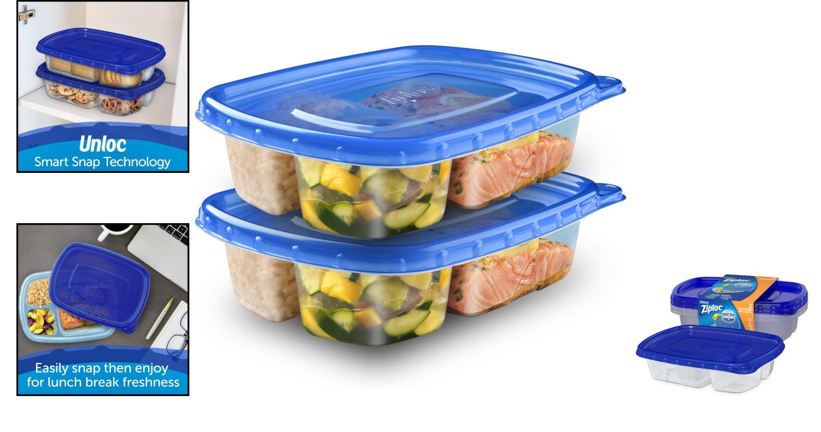 Smart Snap Blue Meal Prep Containers – 2 Pack, Leak-Resistant & Dishwasher Safe