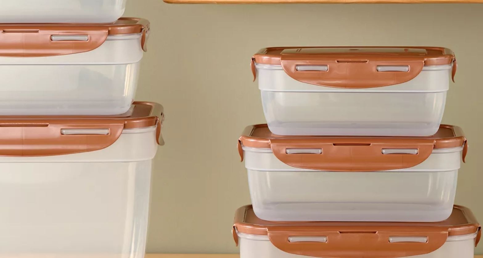 LocknLock Food Storage Set,12-Pc Nestable Rectangle, 2 Handle Lids K313878 Latte