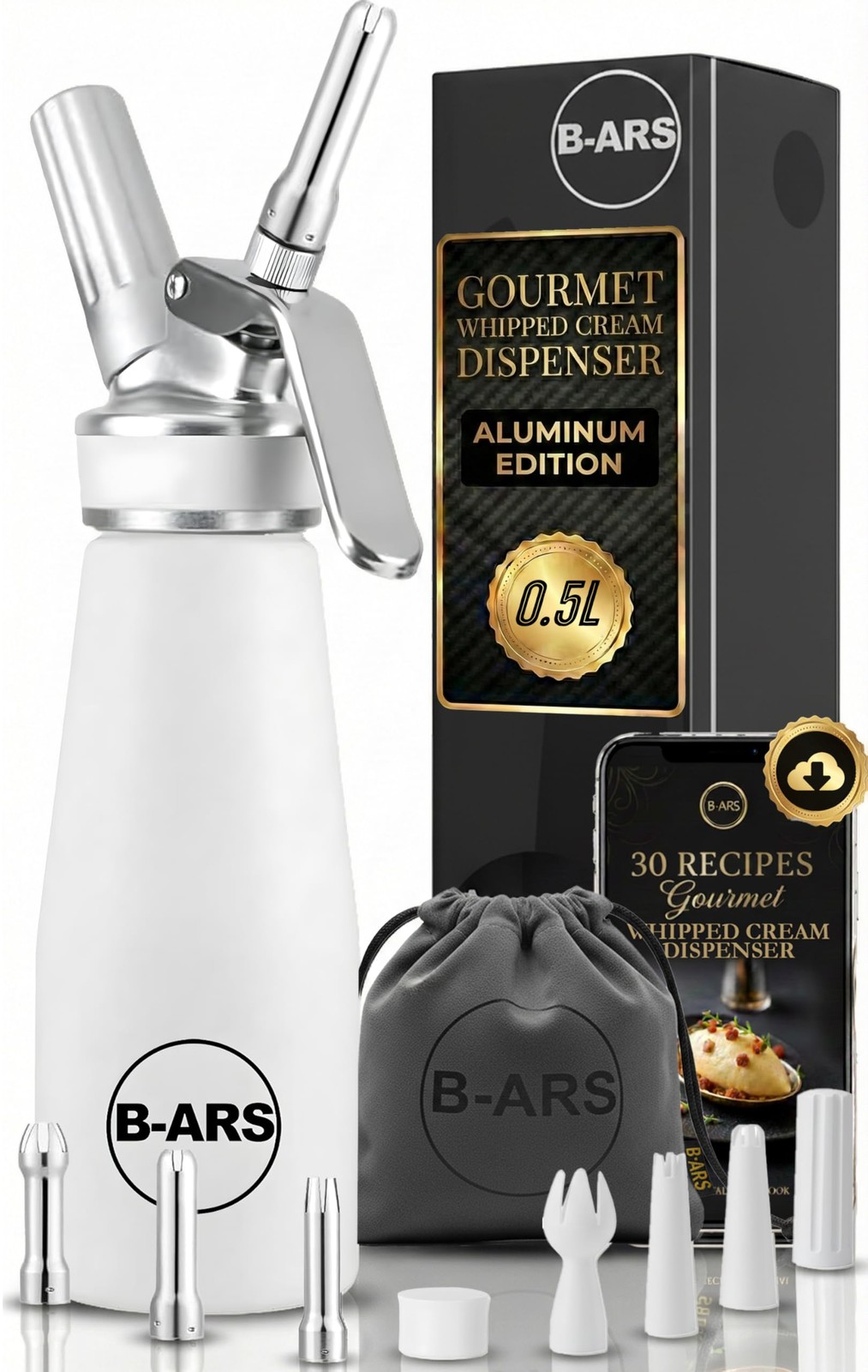 Whipped Cream Dispenser 500 ml Aluminum White Siphon for Fresh Desserts Coffe…