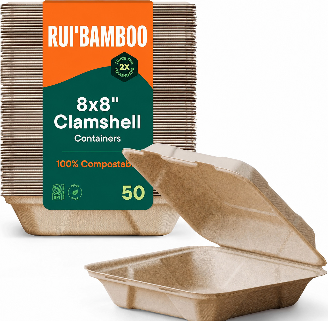 100% Compostable Clamshell Take Out Food Containers [8X8″ 50-Pack] Heavy-Duty