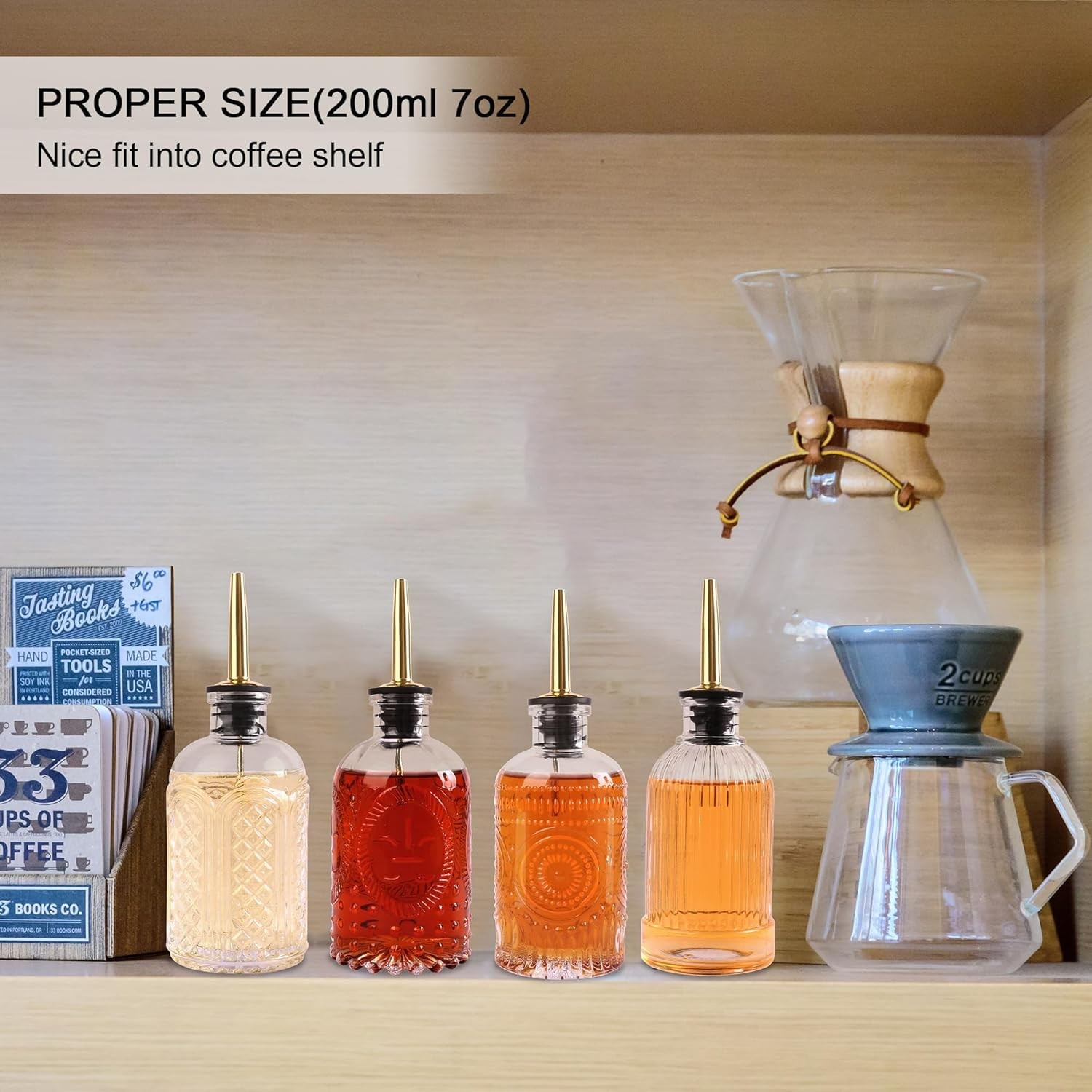 Glass Syrup Dispenser Set – 4x7Oz Bottles with Metal Pour Spouts and Stoppers