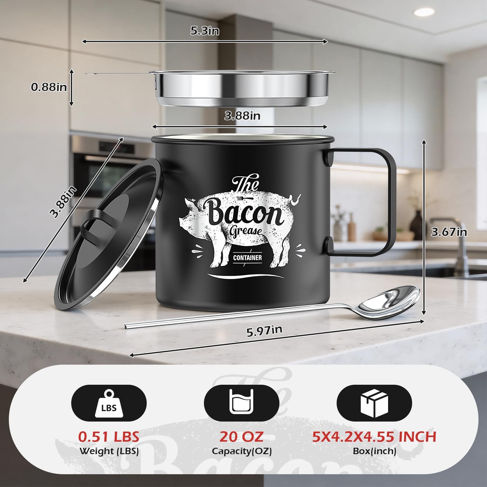 Mini Bacon Grease Saver With Strainer – 20 OZ Stainless Steel Oil Container, …