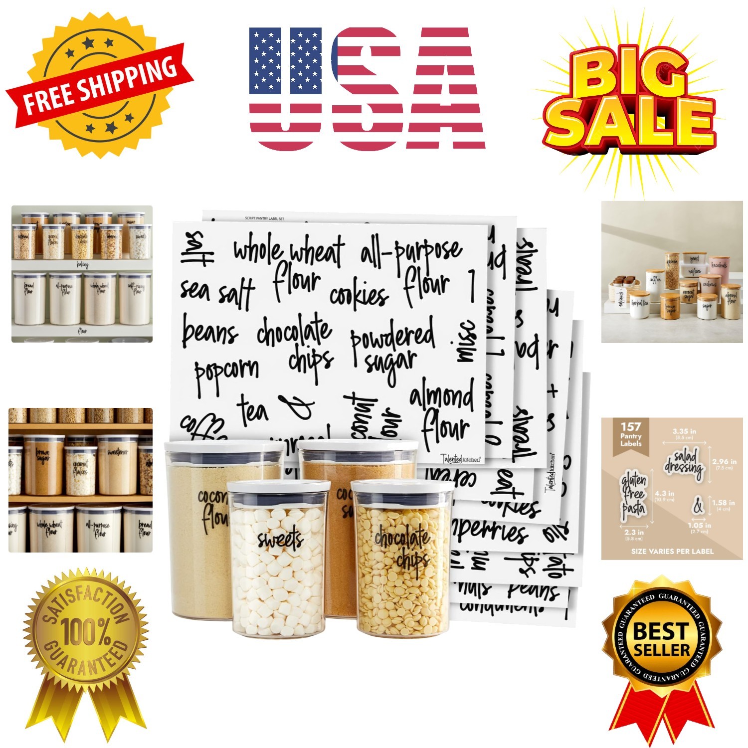Pantry Labels for Food Containers – 157-Piece, Black Script Vinyl – Jar & Bin…