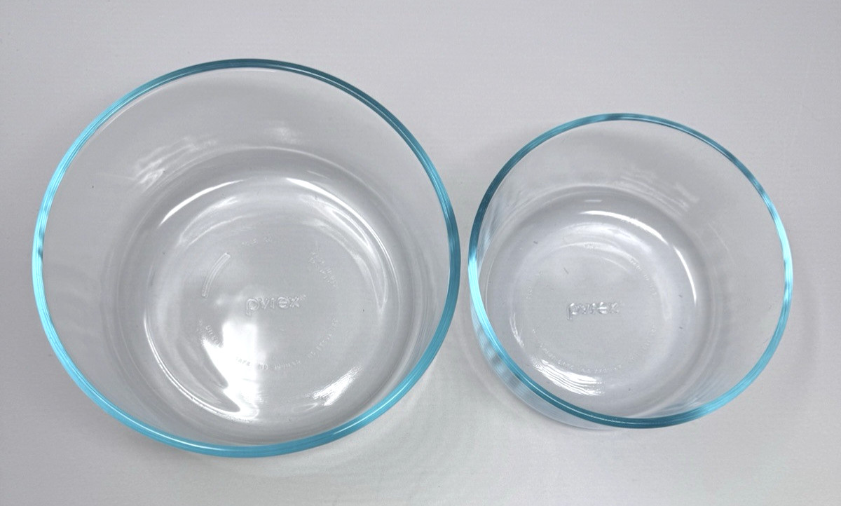 PYREX SIMPLY STORE 7201 4 CUP & 7203 7-CUP CLEAR GLASS ROUND FOOD STORAGE BOWLS