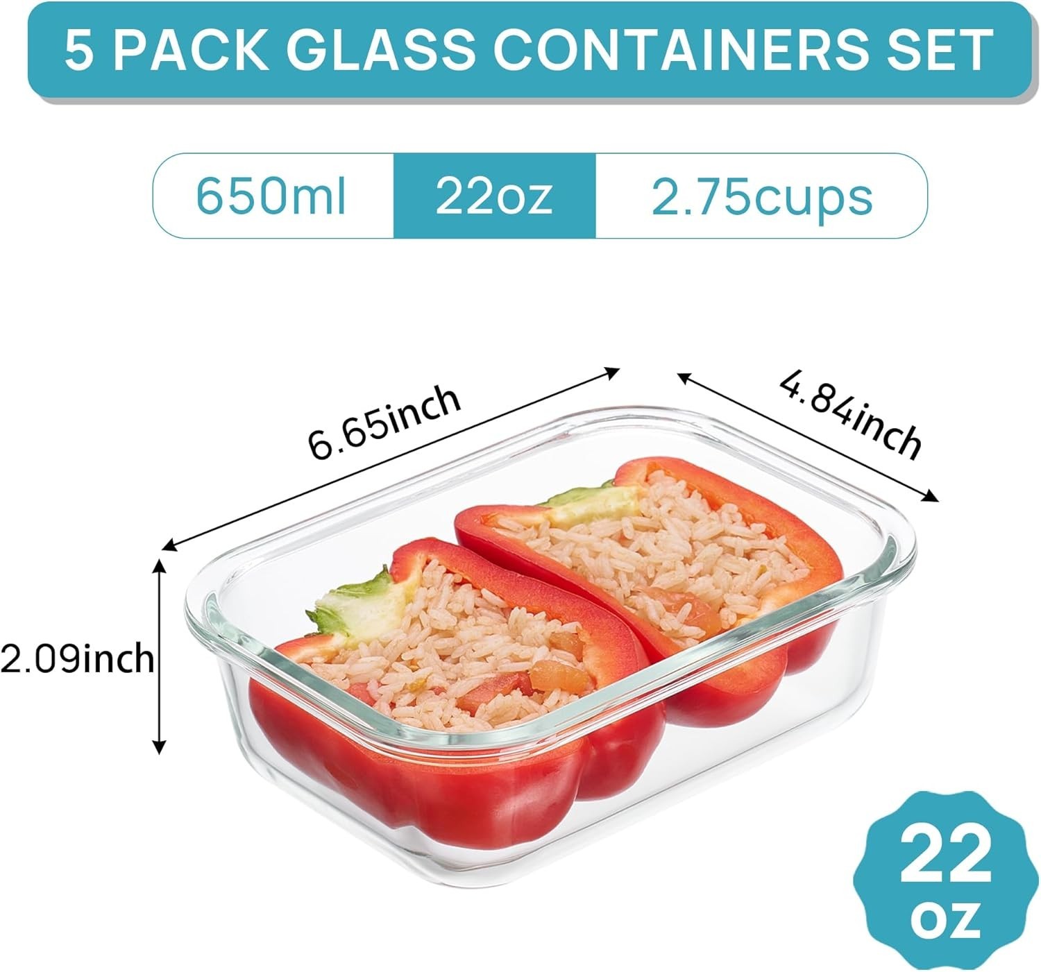 5Pack 22oz Glass Storage Containers with Lids, Glass Meal Prep Food Container…