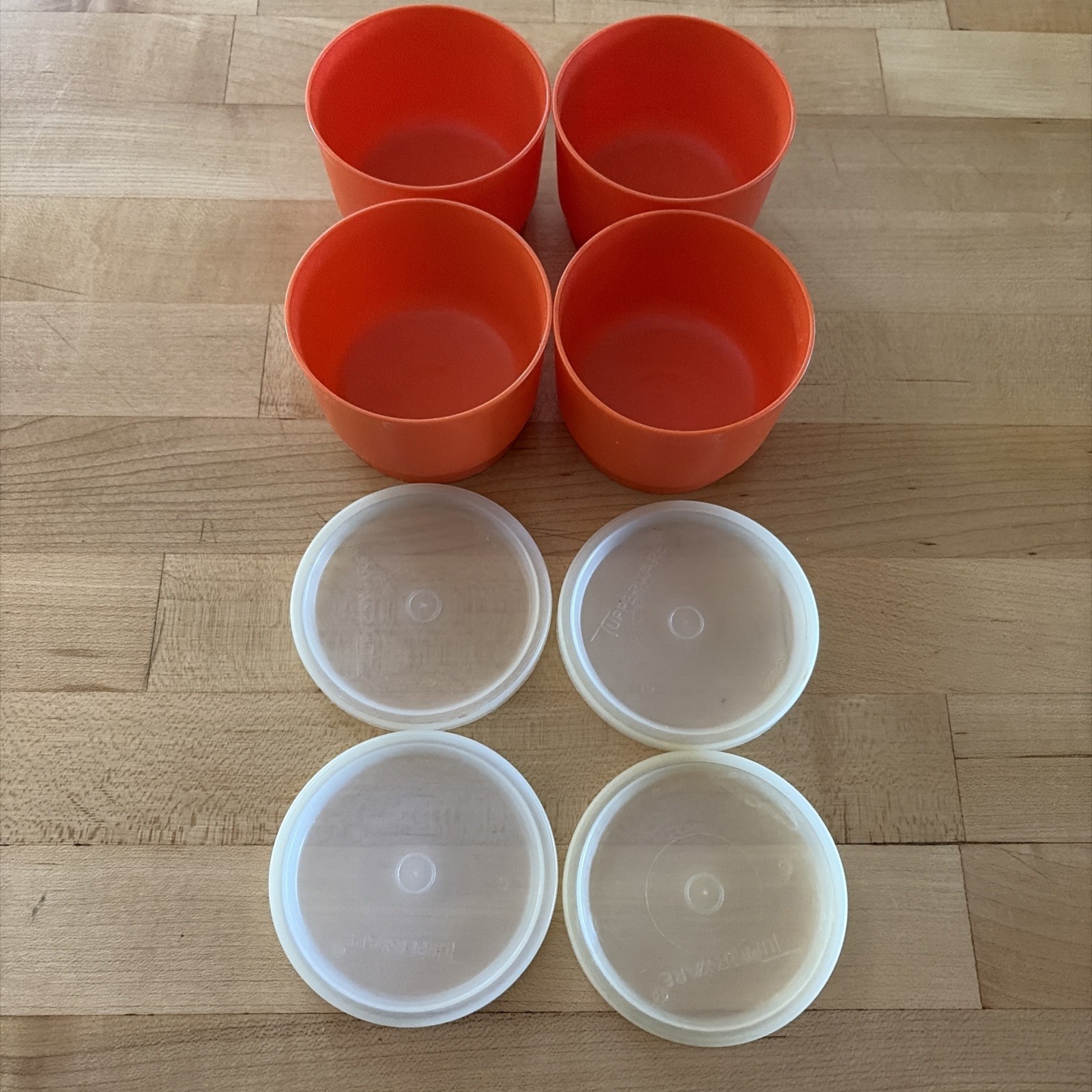 Vintage Tupperware Set of 4 Orange Snack Cups-4 oz. #1229 & 4 Lid Seals #297