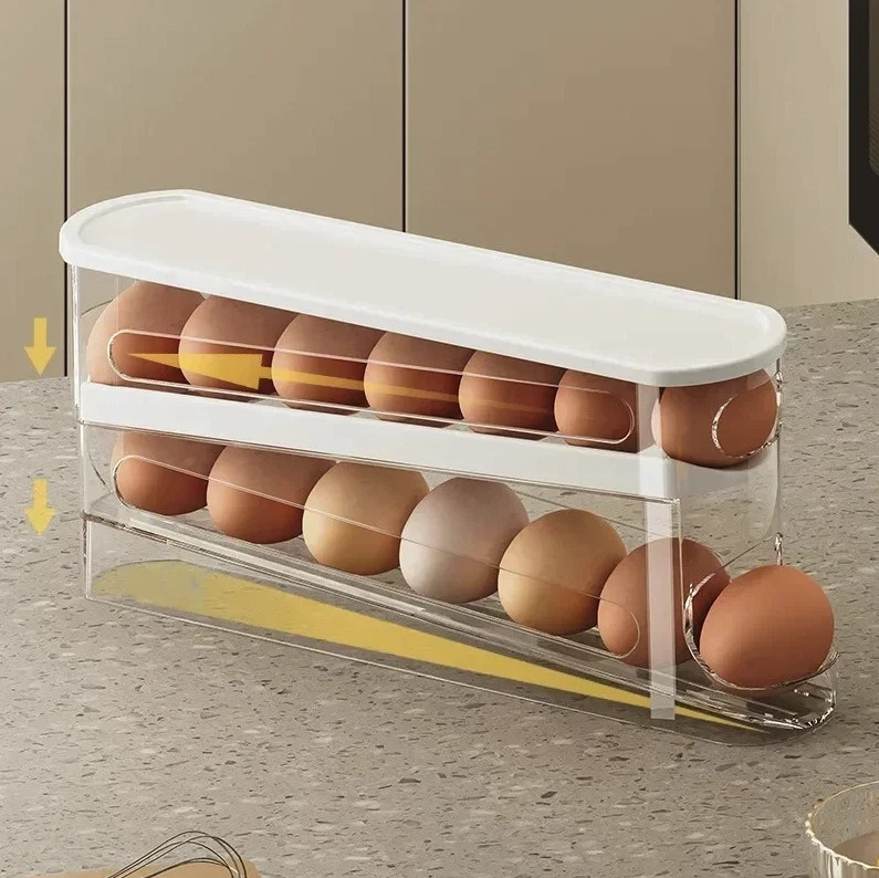 1pc Bilayer Fridge Egg Storage Box Automatic Rolling Dispenser Rack