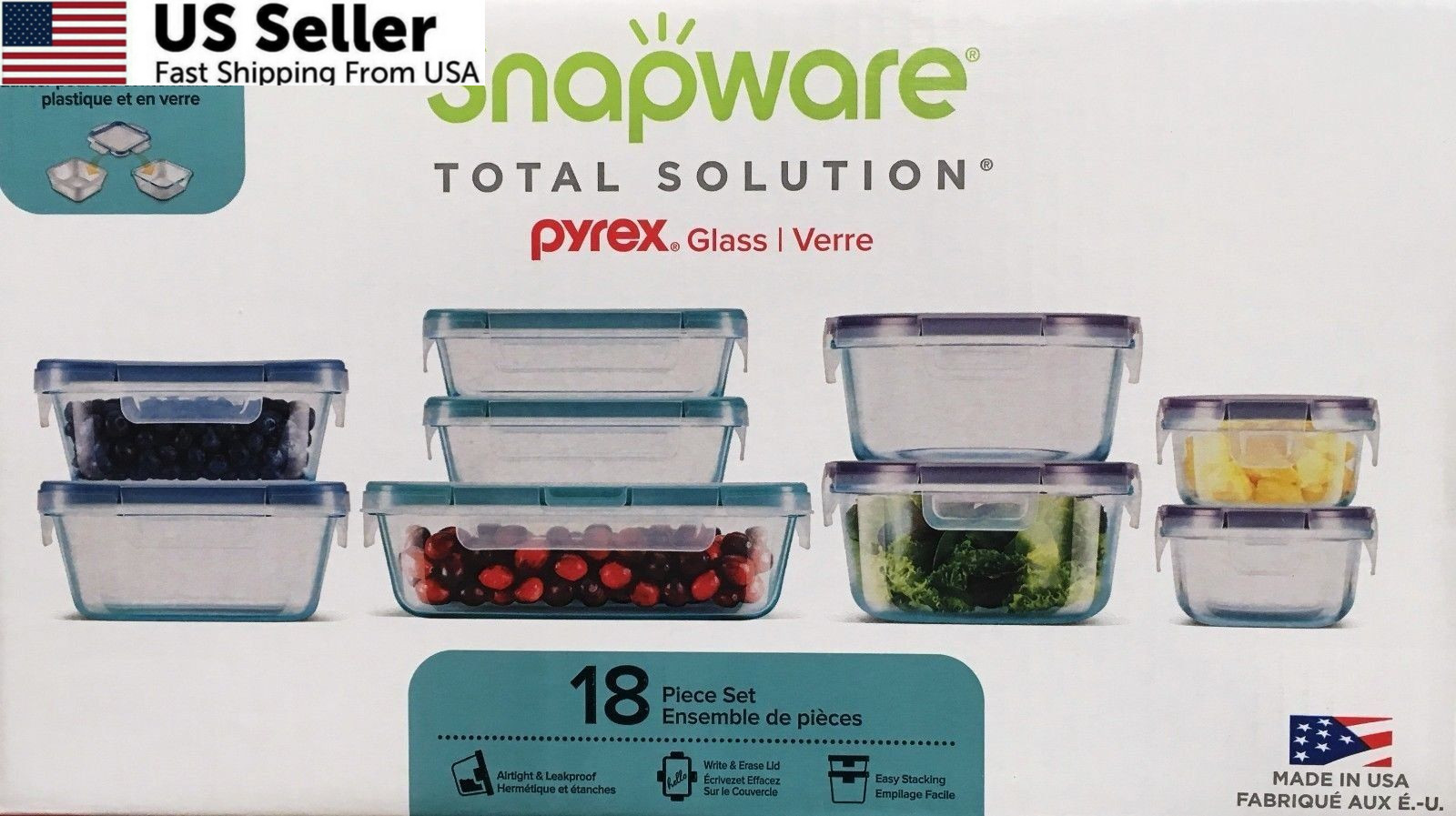 Snapware 18-piece Pyrex Glass Food Storage Set 16 inches x 9 inches, Blue