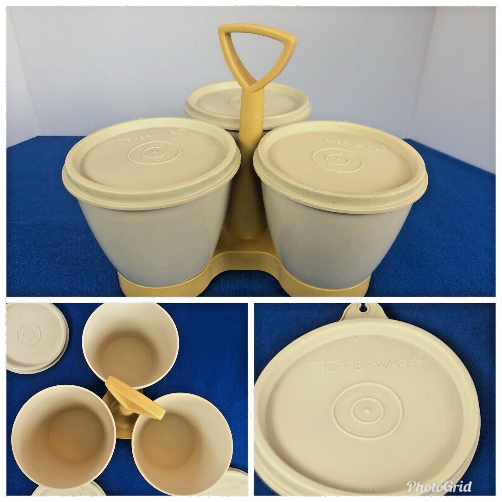 VINTAGE TUPPERWARE Condiment Serving Triple Caddy Handle Removable Bowls & Lids