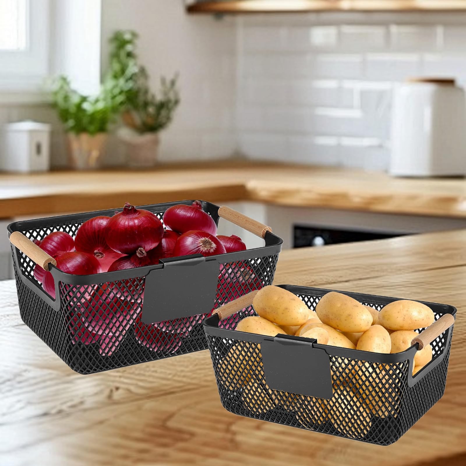 Onion and Potato Storage Baskets,A set of 2 Wooden Handle storage Basket Stac…