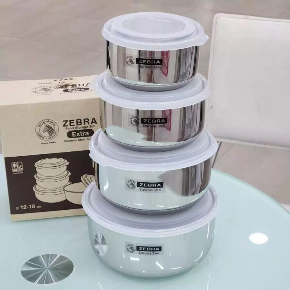 Food Storage Container Zebra Stainless Steel Set 4 Stackable Bowls with Lids