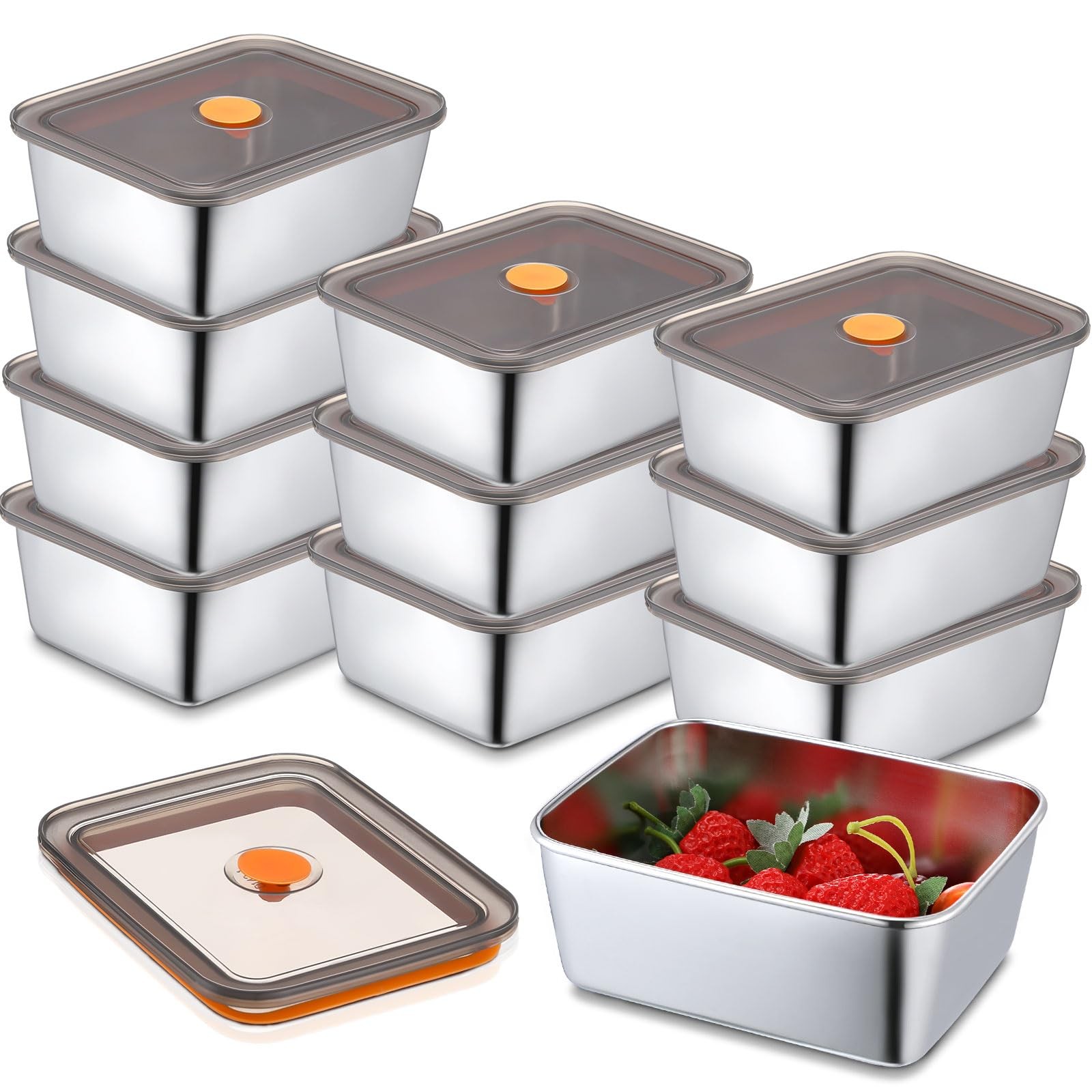 10 Set Stainless Steel Food Containers with Lids Metal Marinating Snack Conta…
