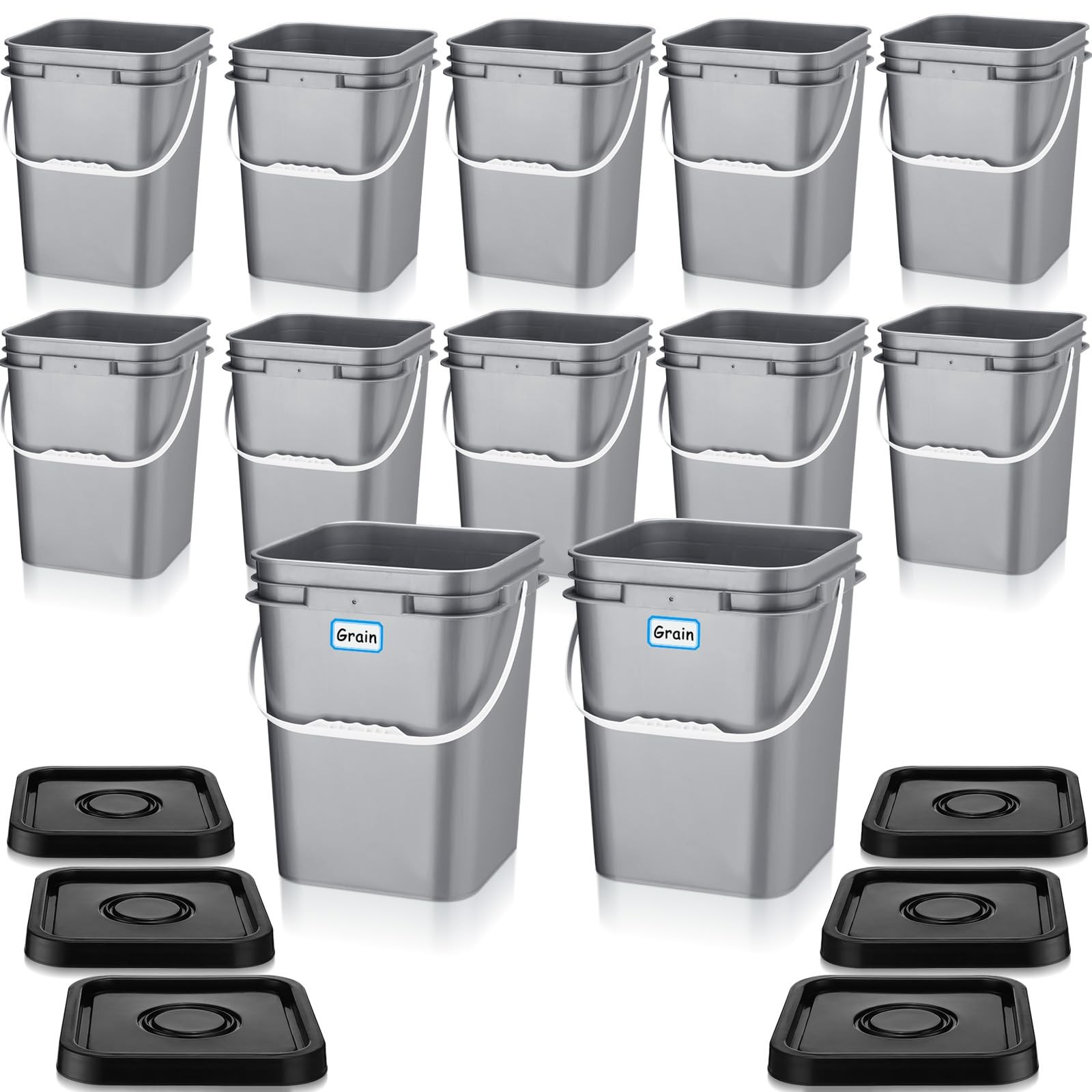 12 Pcs 5 Gallon Square Bucket Pail with Plastic Handle and Lid Heavy Duty Sto…