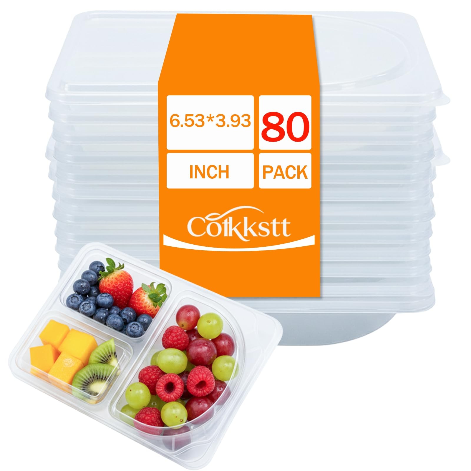 80Pack 9oz Reusable Snack Containers with Lids for Kids, 3 Compartment Plasti…