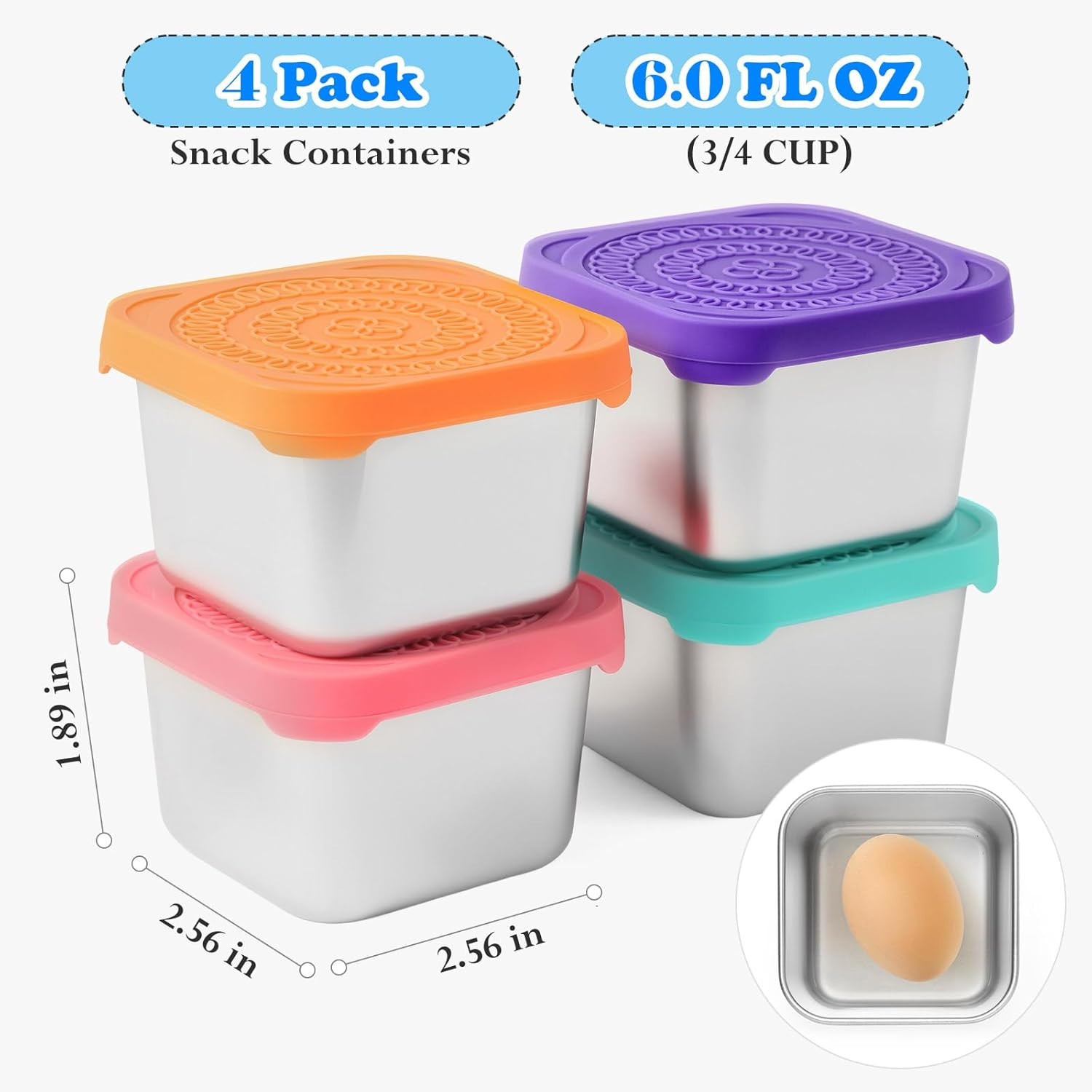 4Pack 6oz Reusable Stainless Steel Snack Containers for Kids, Easy Open Leak …