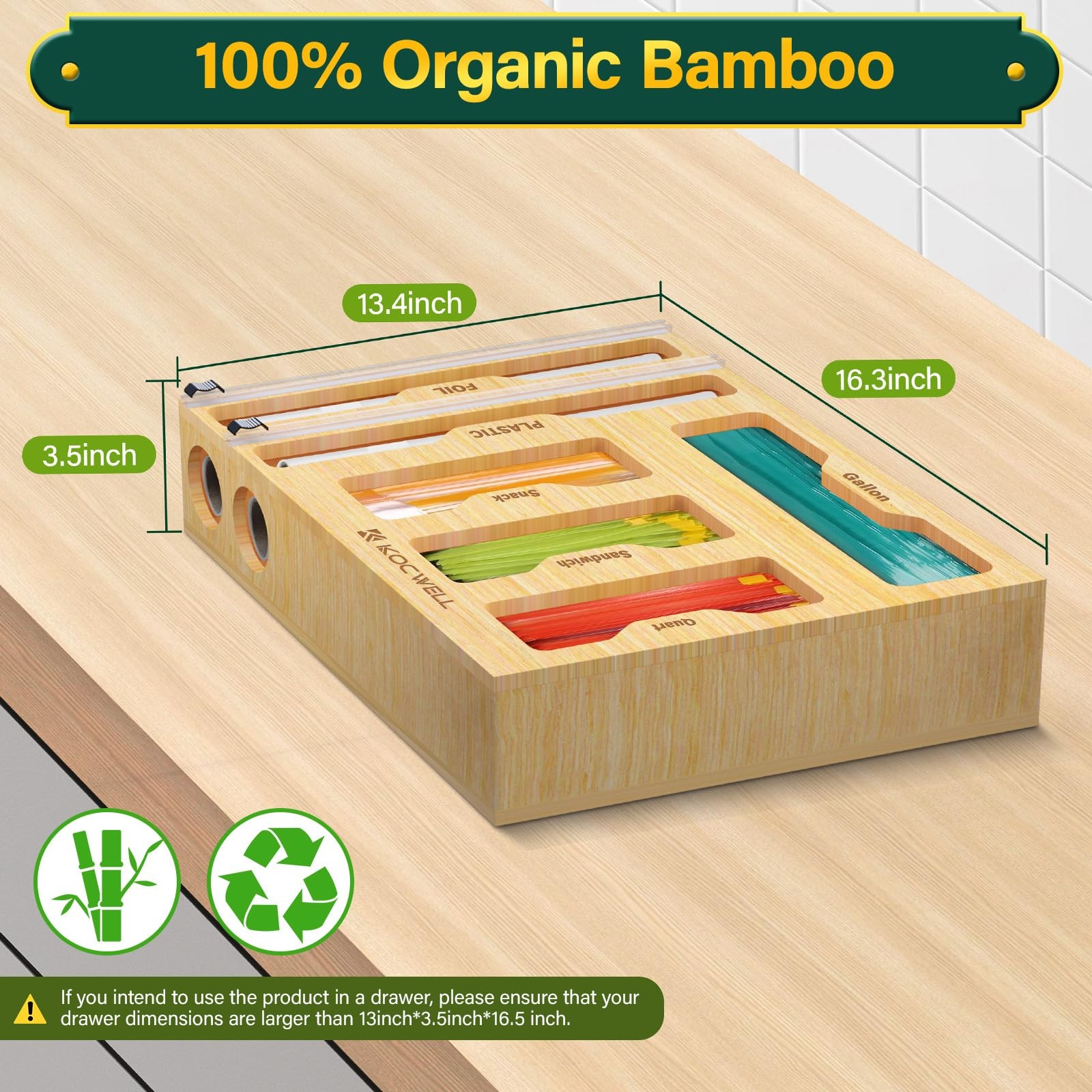 Bag Organizer and Plastic Wrap Dispenser with Cutter, 6 In 1 Bamboo Foil and …