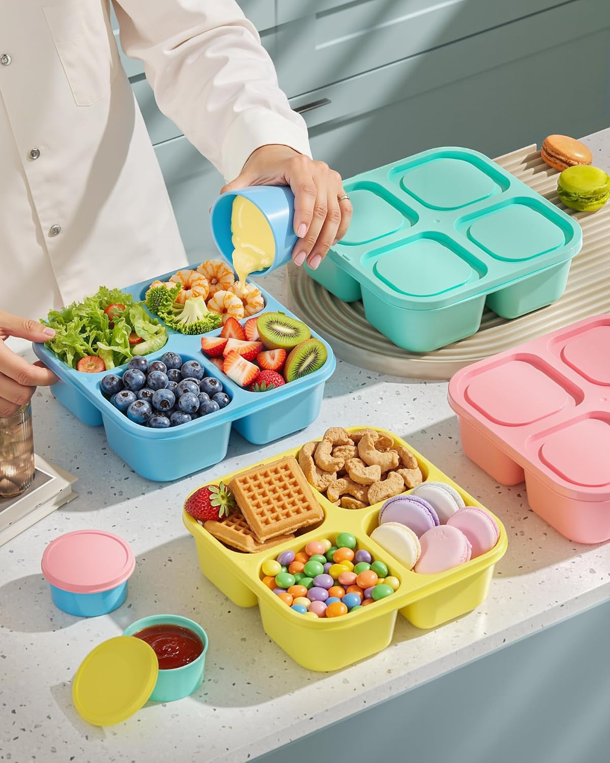 4 Pcs Snack Box Containers Set, Reusable 4 Compartment Lunchable Container with