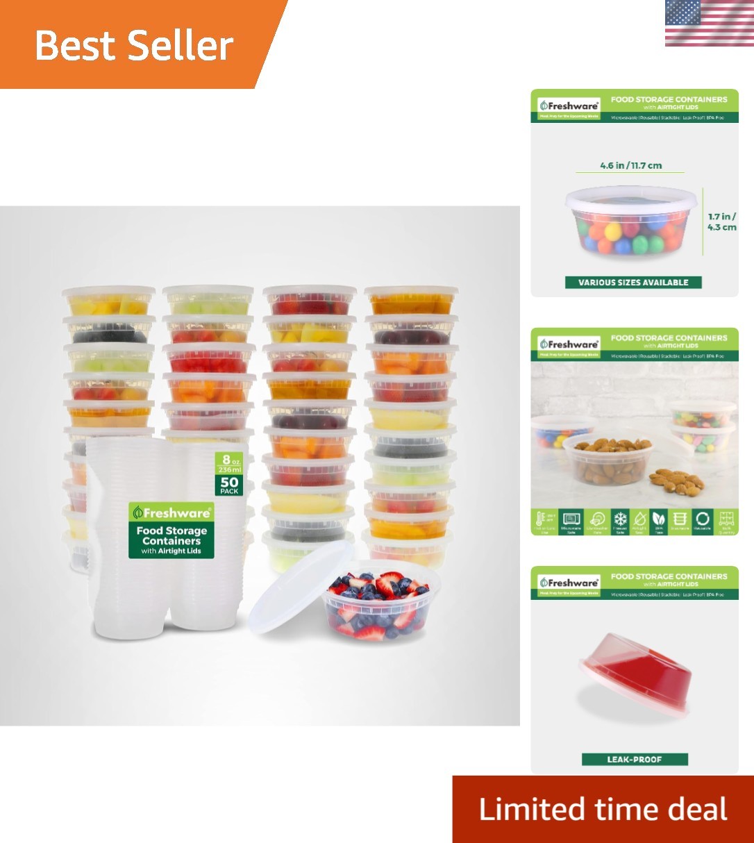 50-Pack 8oz Leakproof Food Storage Containers for Meal Prep & Organization