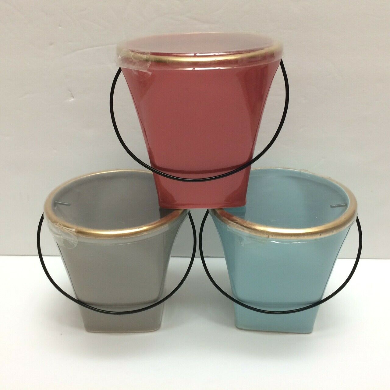 Set/3 Ceramic Pail Bucket w/ metal handle Grey/Teal/Coral Trinket,Planter NEW