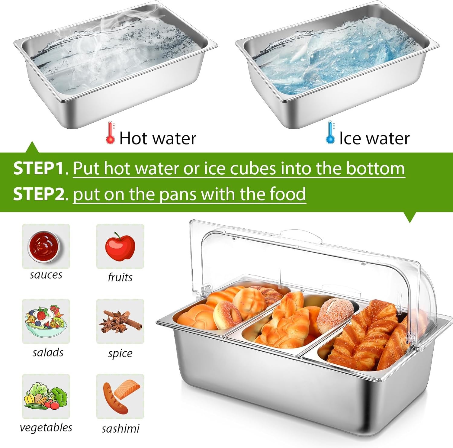 Buffet Food Display Container Ziliny 2 Pack Stainless Roll Top Cover