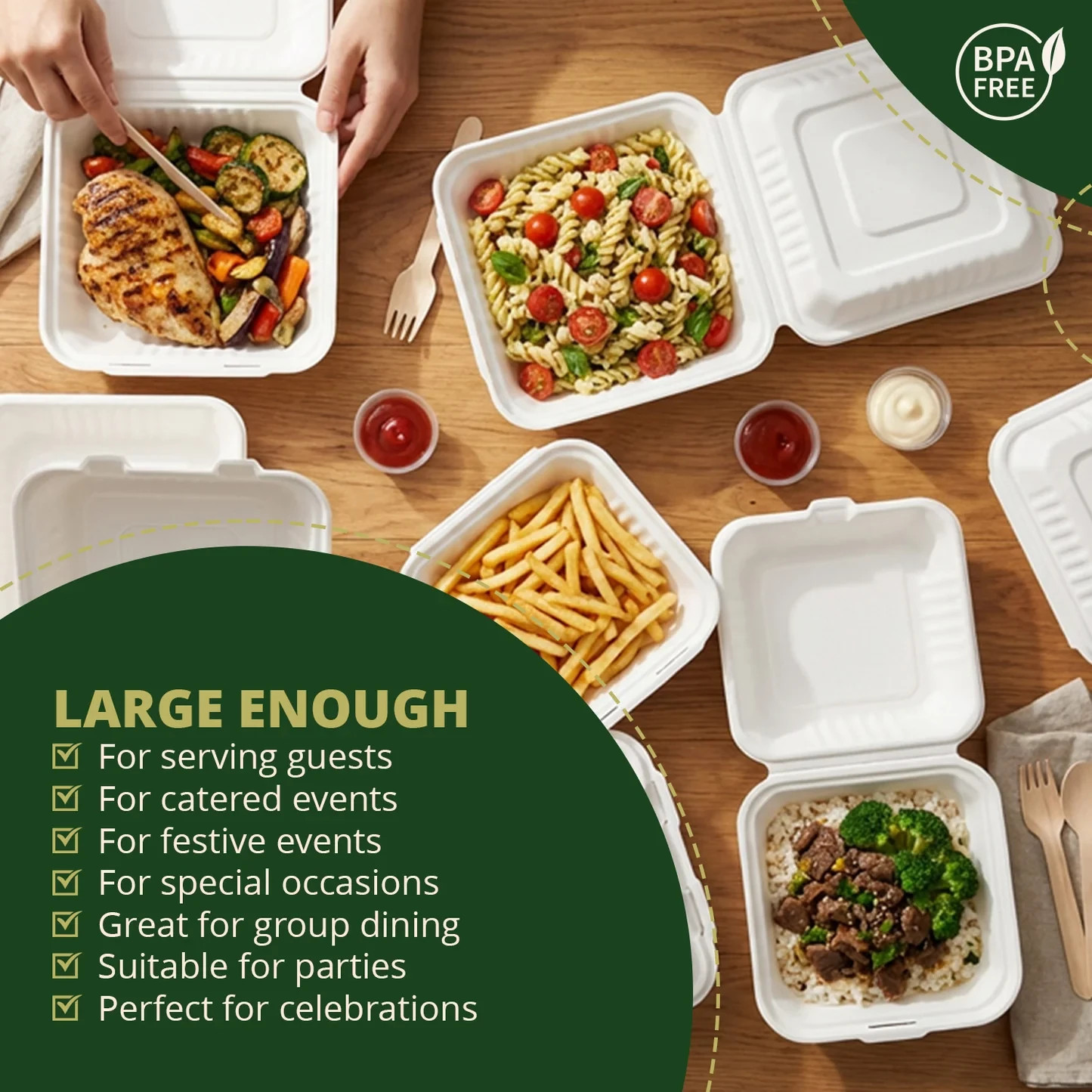 Naturawave Essentials 8″ x 8″ Compostable Clamshell Food Containers 50-Pack