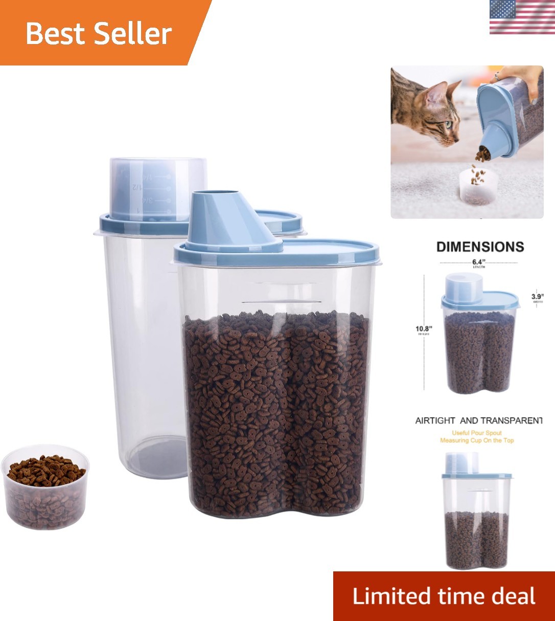 2 Pack 2lb/2.5L Pet Food Storage Container with Measuring Cup, Can Covers and…
