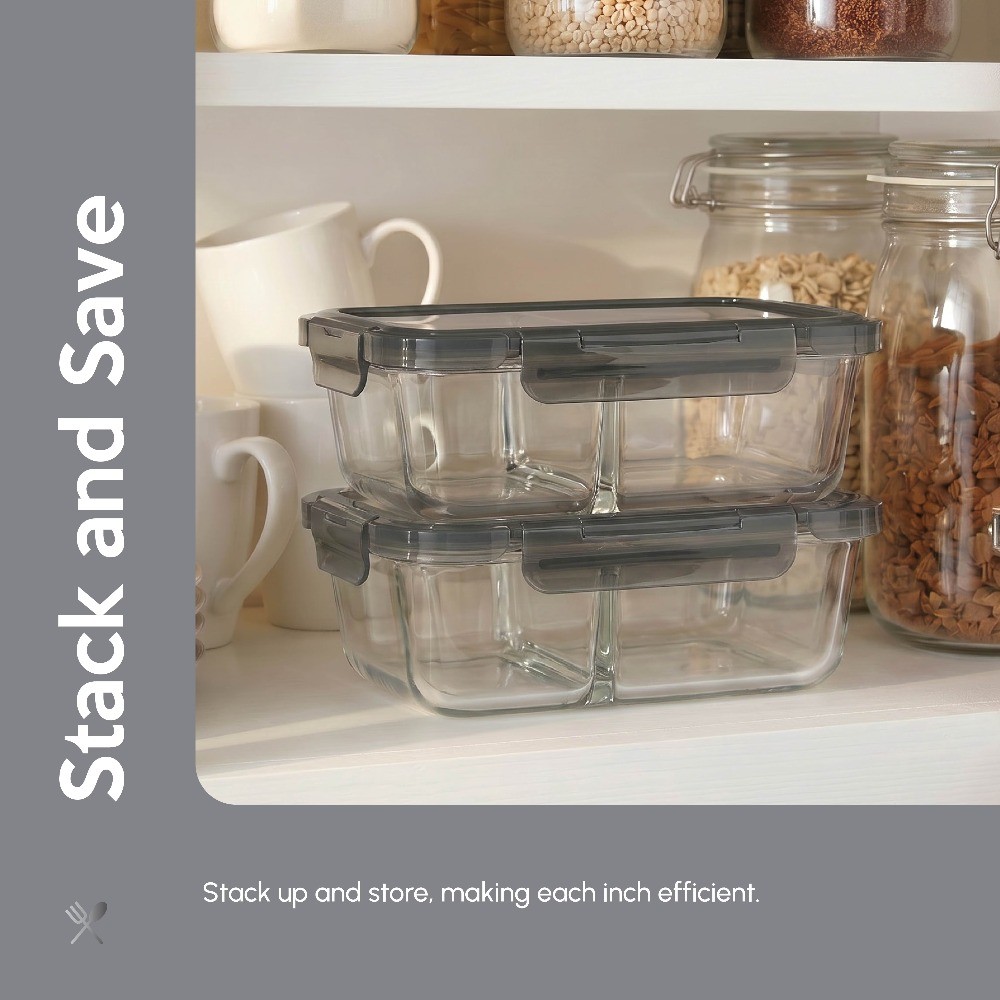 Glass Food Storage Container with Expandable Silicone Lid, 2-Compartment