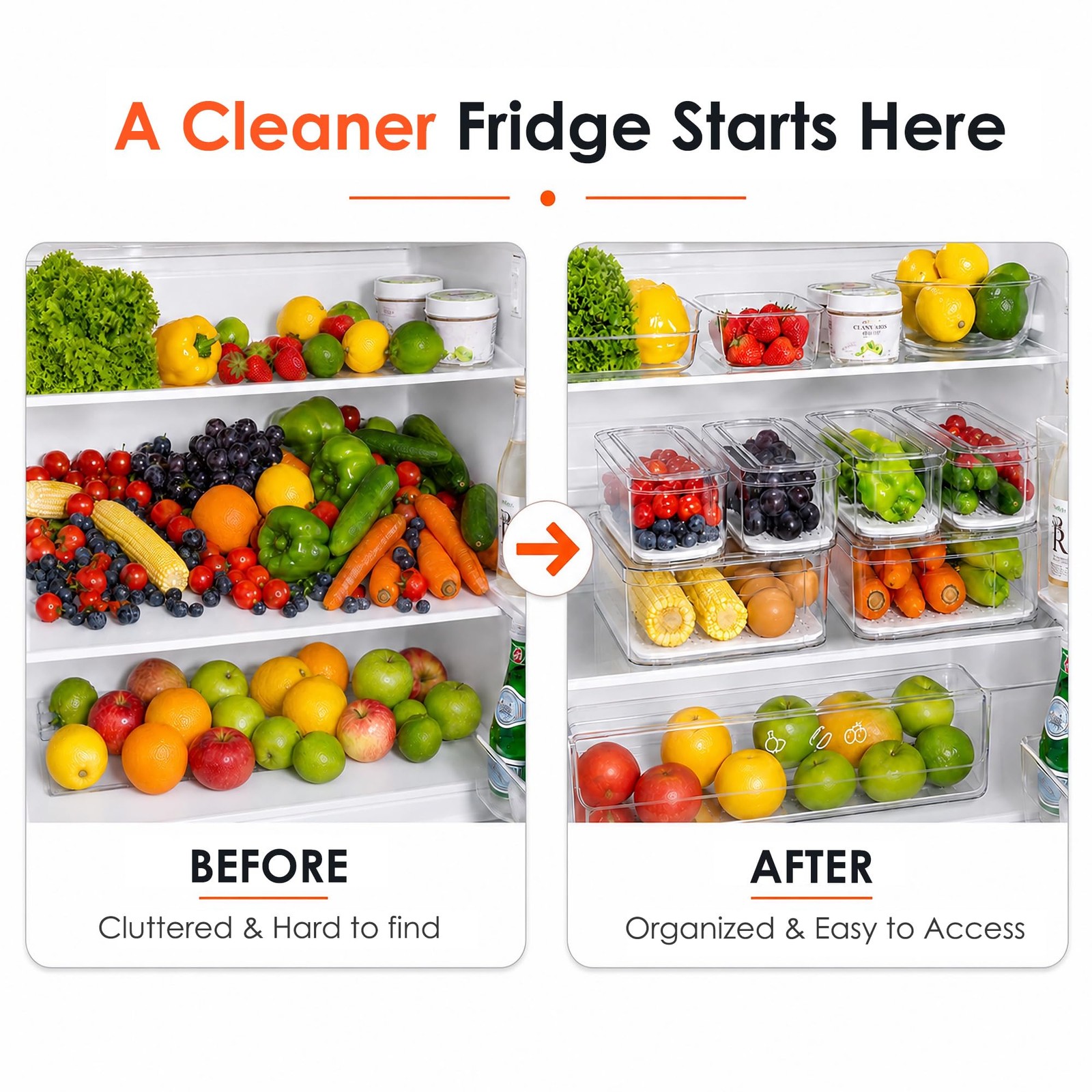 SMRCAD 10-Pack Clear Lidded Organizer Bins for Fridge, Pantry Food Storage