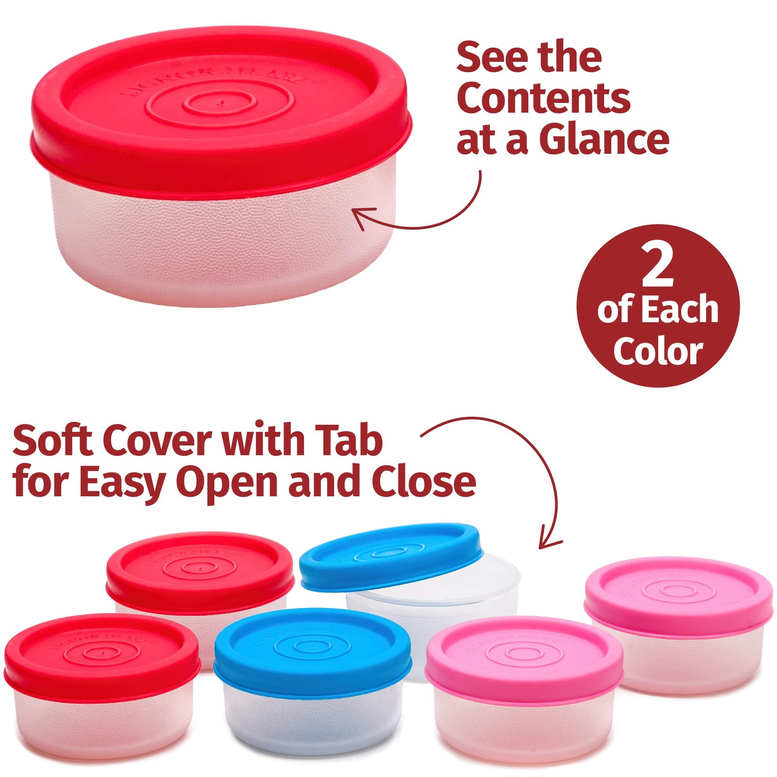 SIGNORA WARE Condiment Containers with Lids- 6 pk. 1.3 oz, Blue/Red/Pink