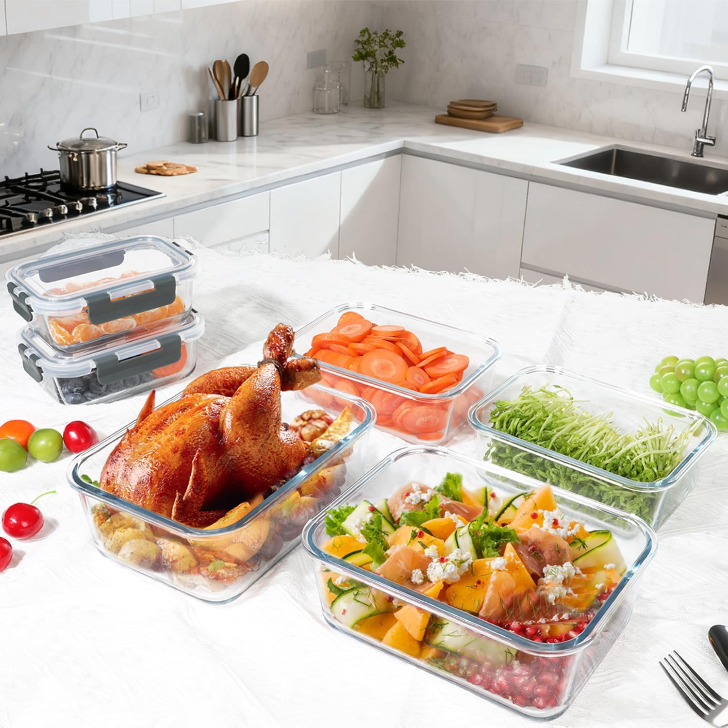 67.4Oz(8.3 Cup), 33.8Oz(4.2 Cup)& 18.6Oz(2.1 Cup) Extra Large Glass Food Storage