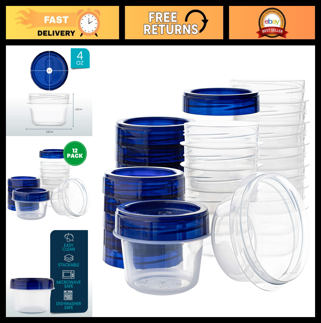 4 oz Twist Top Deli Containers – 12 Pack, Clear Bottom, Blue Lids, Reusable, Sta