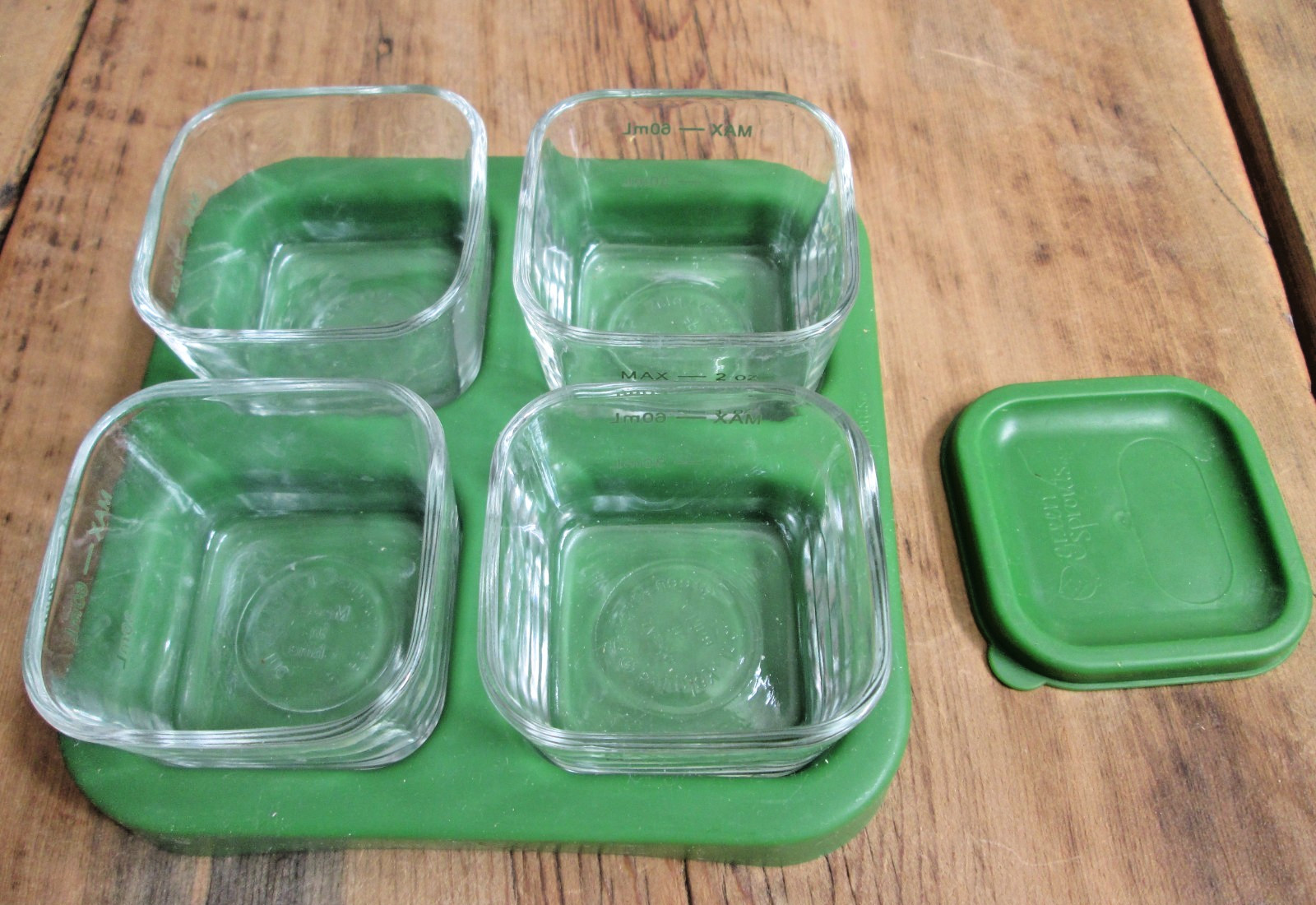 Green Sprouts Tempered Glass Baby Food Cubes 2oz 4-Pack Stackable (Only 1 Lid)