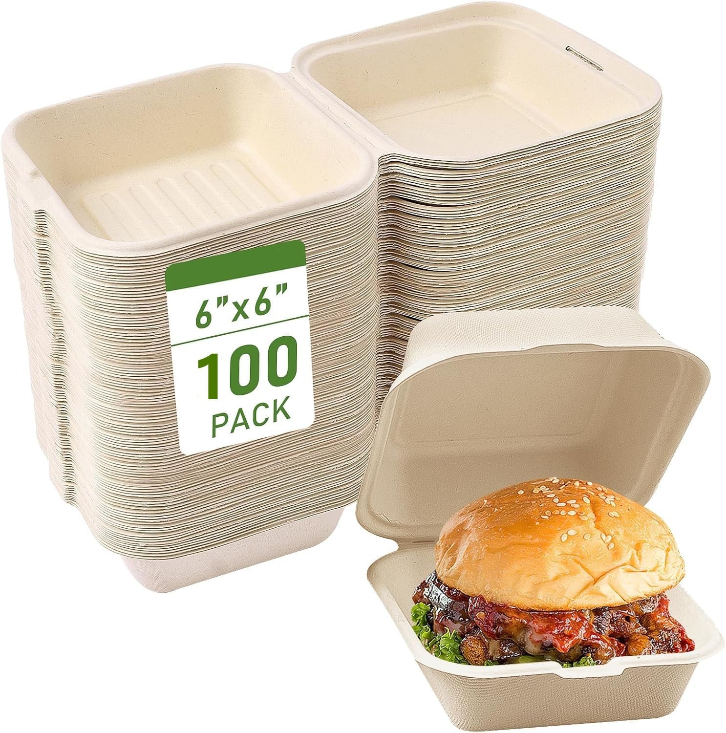 100% Compostable Clamshell Take Out Food Containers,100 Pack Heavy-Duty Dispo