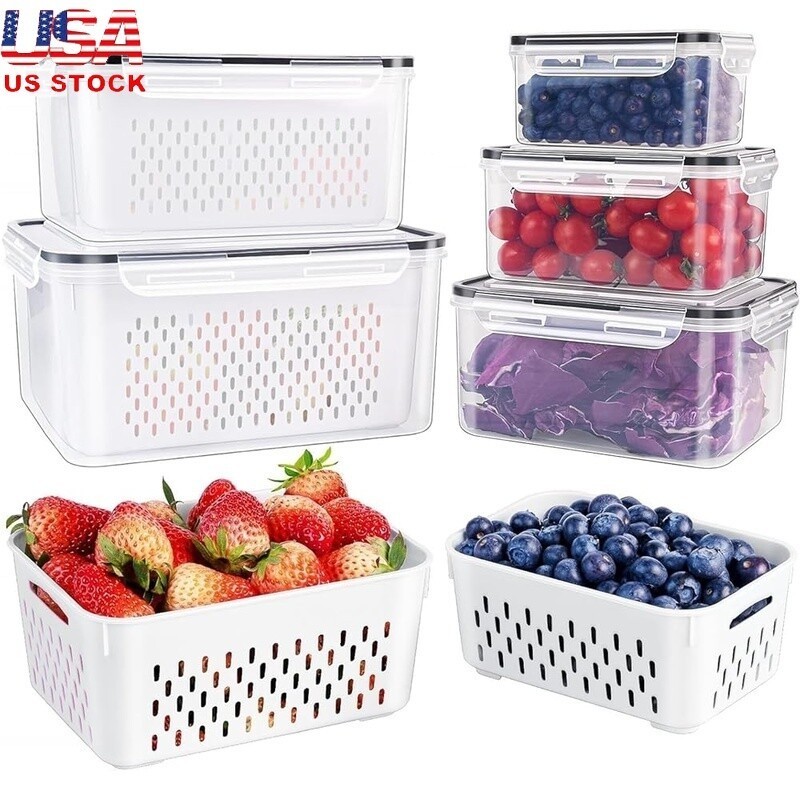 5 Pack Leakproof Food Storage Containers W/ Colander Fruits Vegetables Meat New