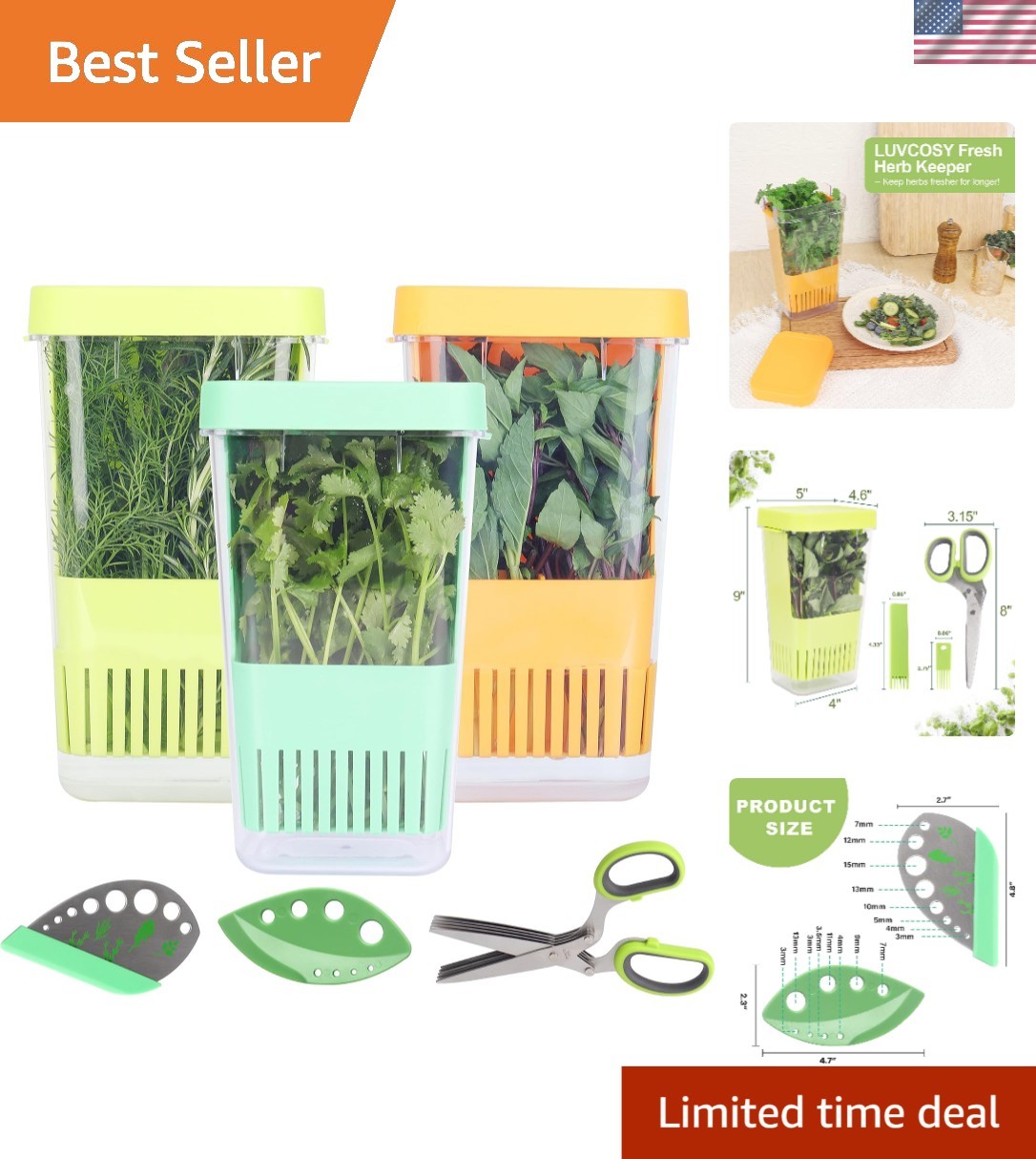 Multi-Purpose Herb Keeper Set: Fresh Herb Saver, Scissors & Strippers Included
