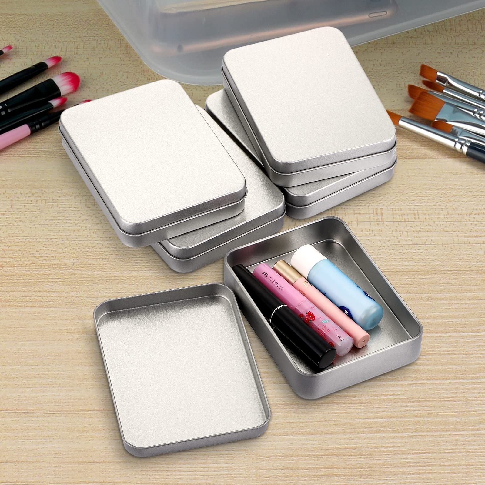 12 PCS Rectangular Storage Tins Box Lid Metal Silver Empty Container 4.5×3.14 In