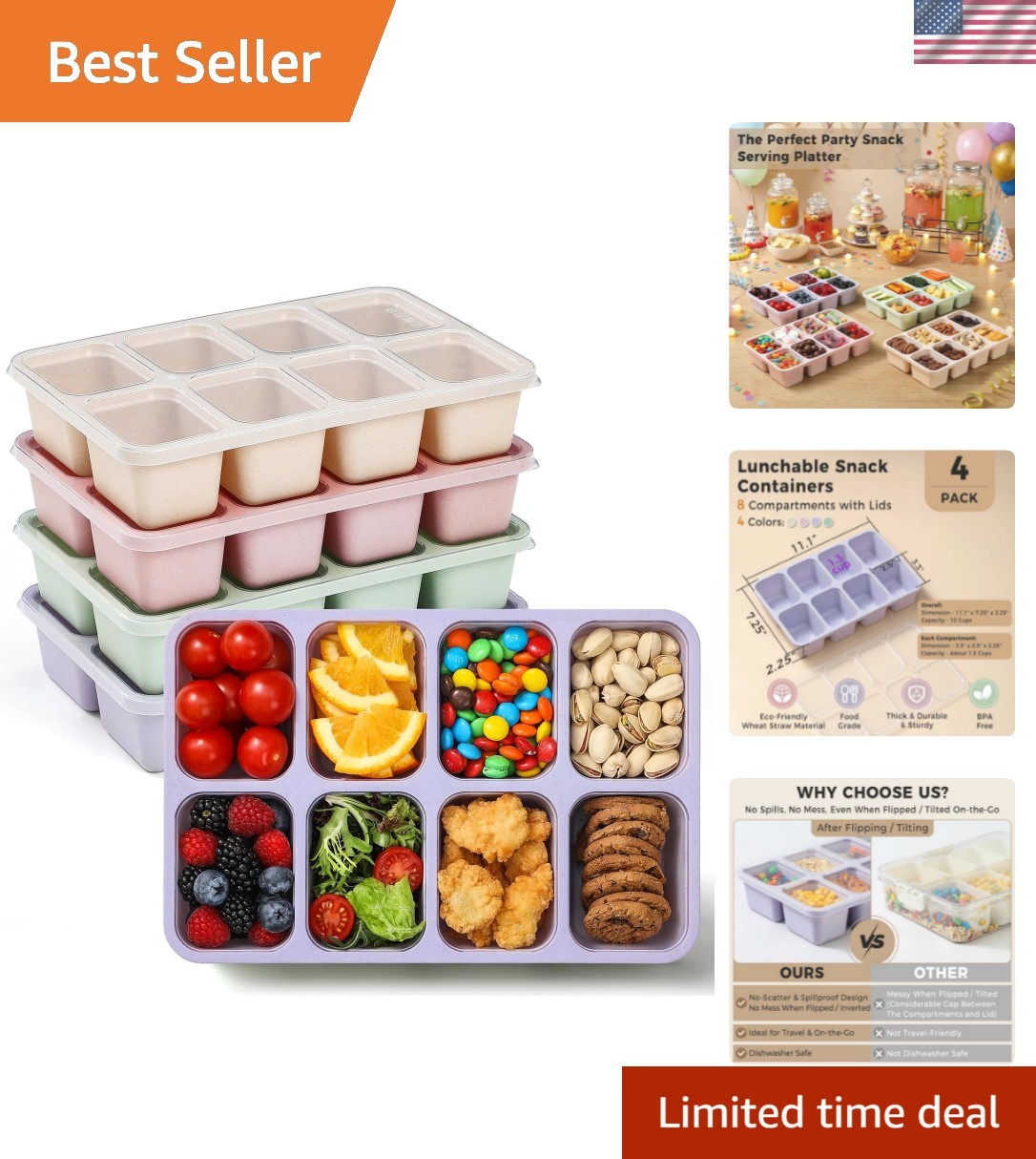 4 Pack Snackle Box Container with Lids, Dishwasher Safe 8 Compartment Divided…