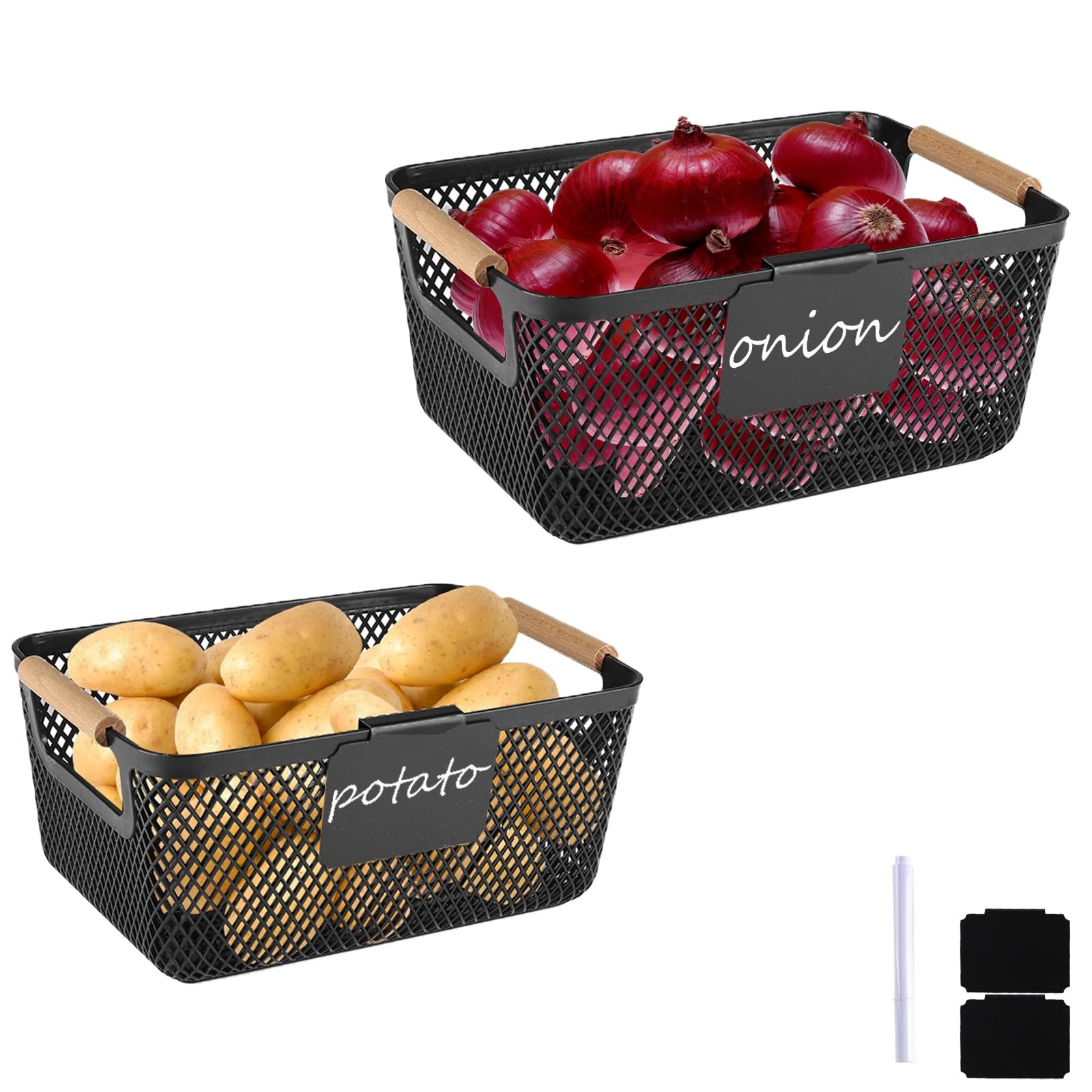Onion and Potato Storage Baskets,A set of 2 Wooden Handle storage Basket Stac…
