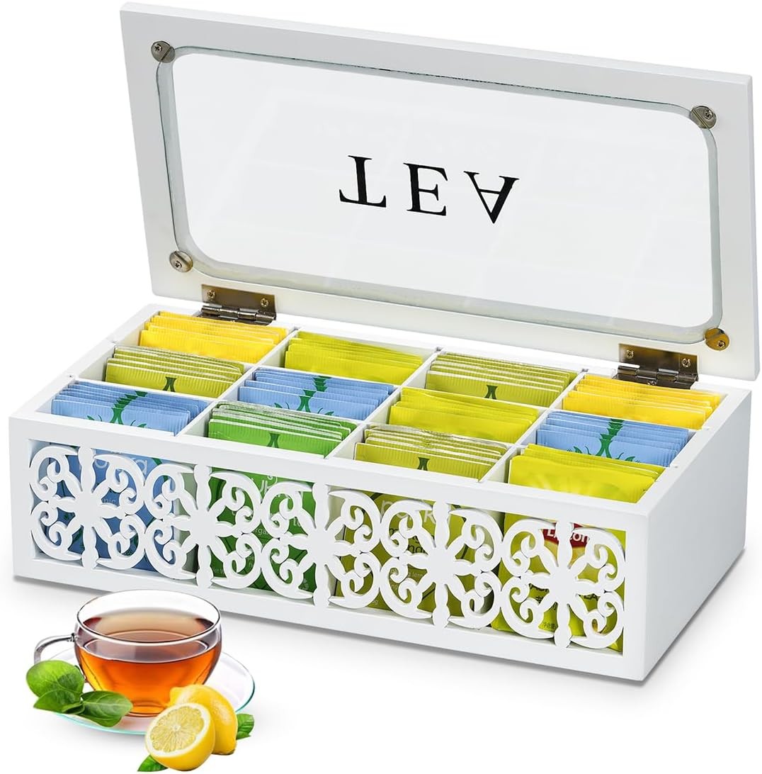 handrong Tea Box,Wood Organizer and Storage,12 12*6.3*3.5inches, White