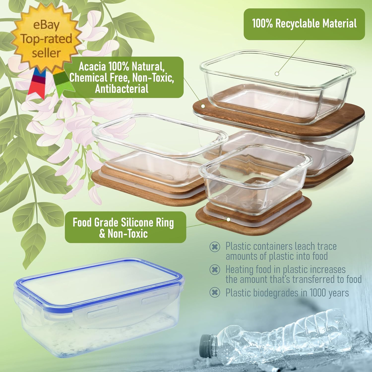 Glass Container Set with Acacia Lids – 4 Stackable Meal Prep Containers. Durable