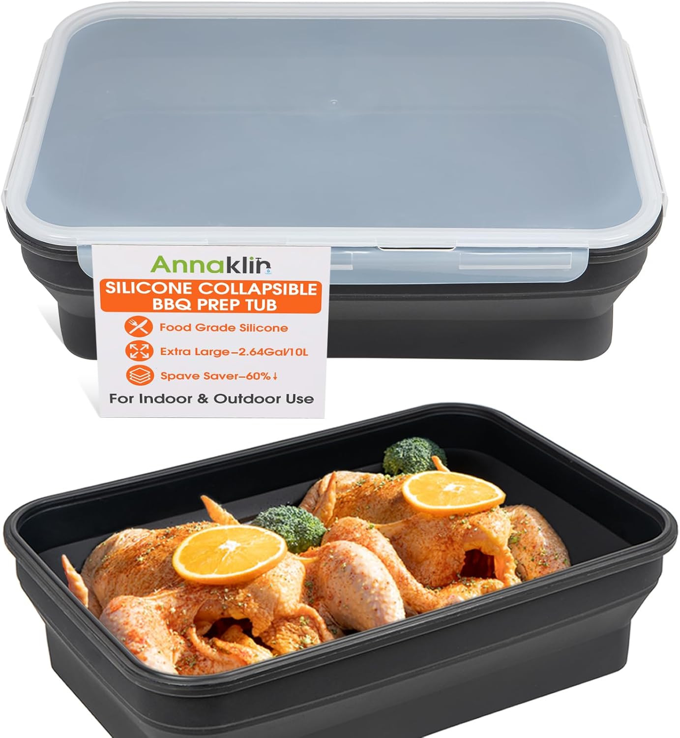 Silicone Collapsible Marinating Container with Lid for Meat, 2.64Gal/10L, Extra