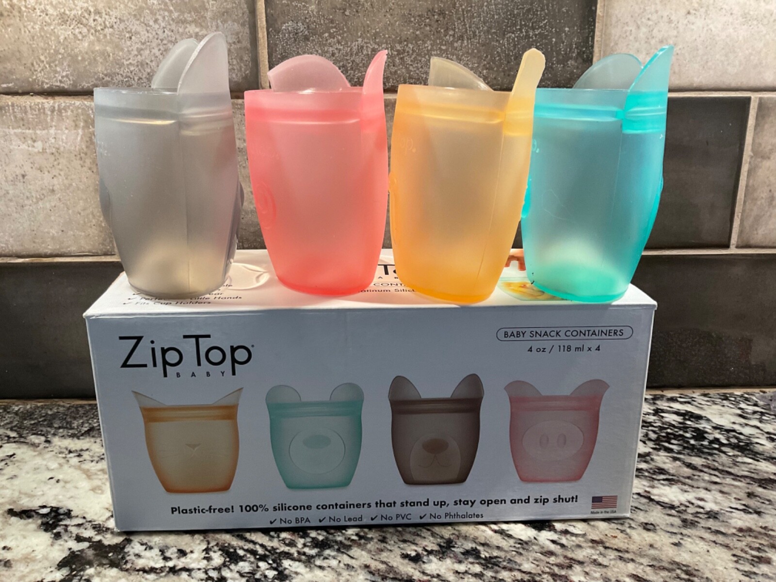 ZIP TOP Baby Snack Containers 4oz (MULTICOLOR) 100% Platinum Silicone 4PK