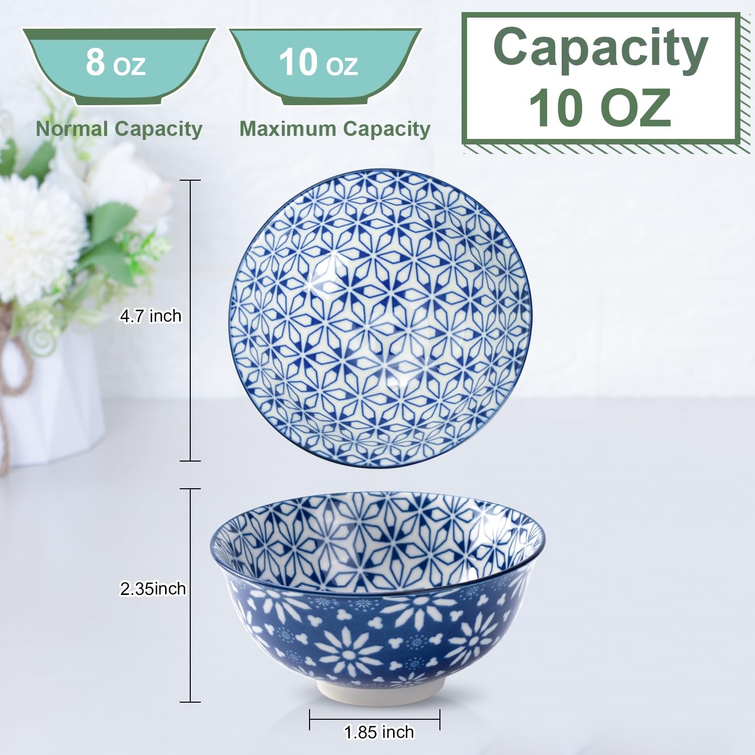 Blue and White Ceramic Bowls Set of 6 4.7in Small Dessert bowl 10 oz for ice